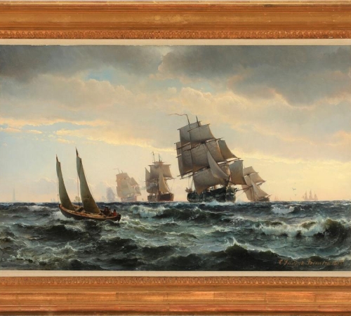 C.F.Sørensen - Marine med talrige sejlskibe 1875 - str:41x64 cm Solgt/sold/verkauft