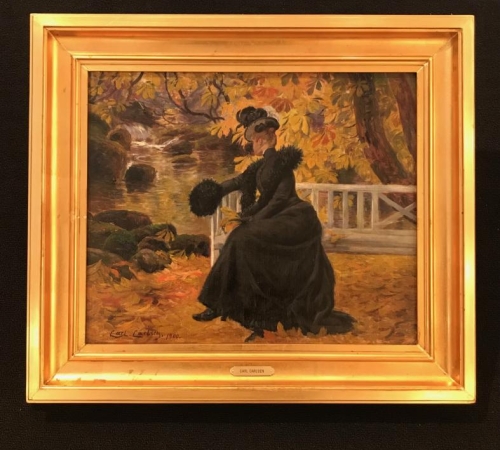 Carl Carlsen, Kvinde i impressionistisk efterårsskov år med vandløb1900 - str:40x47 cm - solgt/sold/verkauft