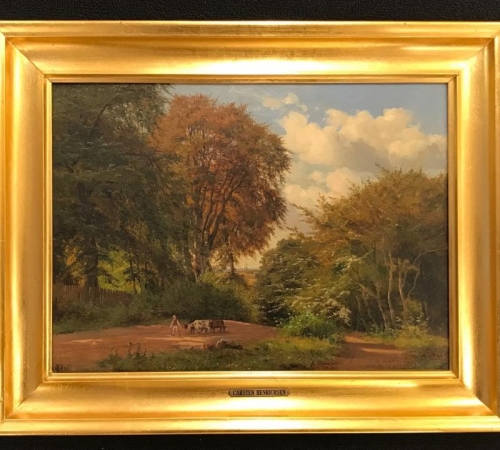Carsten Henrichsen, skovparti med køer og mand 1853 - str.29x40 cm - solgt/sold/verkauft