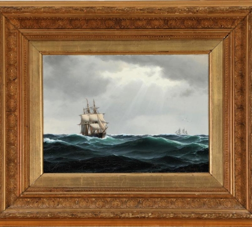 Carl Baagøe, Marine med sejlskibe 1885 - str 22x34 cm - pris:15.000kr/2.000€