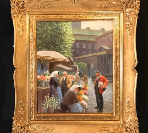 S.C.Bjulf, Blomstersælgersker på Højbro plads, str:56x47 cm - solgt/sold/verkauft