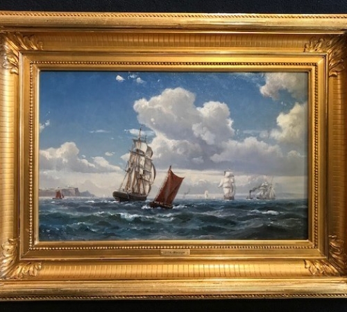 Vilhelm Melbye, Talrige skibe i sundet udfor Hveen - str:28x43 cm - solgt/sold/verkauft!