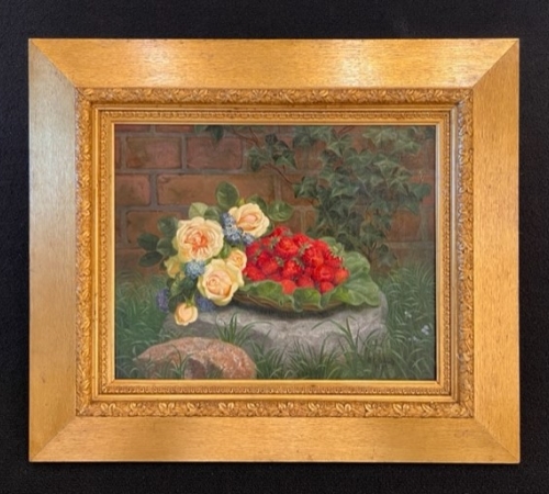 E.C.Ulnitz, opstilling  med blomster og jordbær 1890 - str:36x45 cm - solgt!