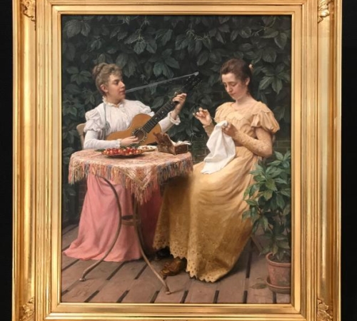 Wenzel Tornøe, 2 unge kvinder i en hyggestund i haven - str:72x57 cm - solgt/sold/verkauft