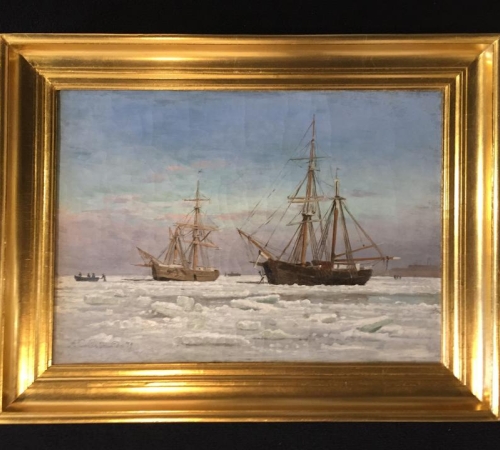 A.C.Riis Carstensen, Marine med indefrosne sejlskibe udfor Helsingør? - December 1879 - str:33x49 cm -solgt!