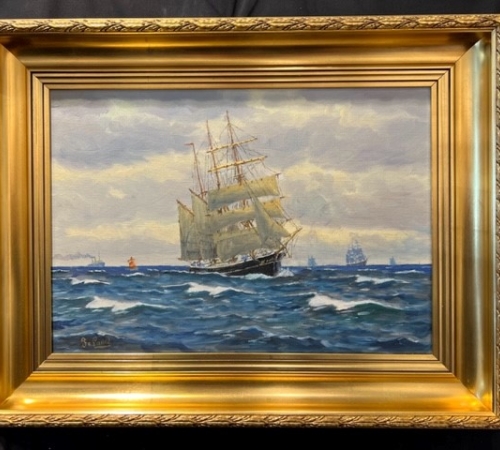 Frants Landt, marine med sejlskib - str: 55x50 cm - solgt!