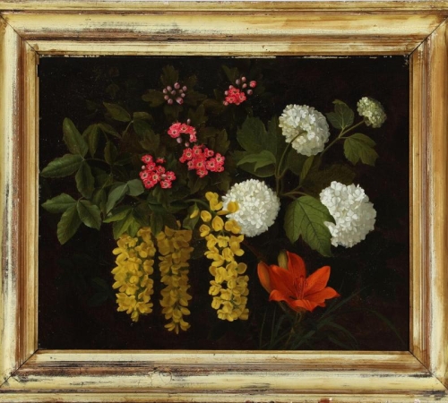 I.L.jensen skole - Dansk maler, 19. årh. str:36x47 cm - Opstilling med guldregn, rødtjørn, lilje og snebolle -solgt/sold/verkauft!