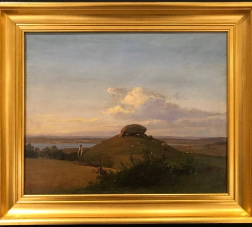 Andreas Juuel, Landskab med stensætning ved Dybbøl, i baggrunden Broager Kirke, ca.1840 -1850 - sign. A. Juuel. - str:33 x41 cm - solgt/sold/verkauft
