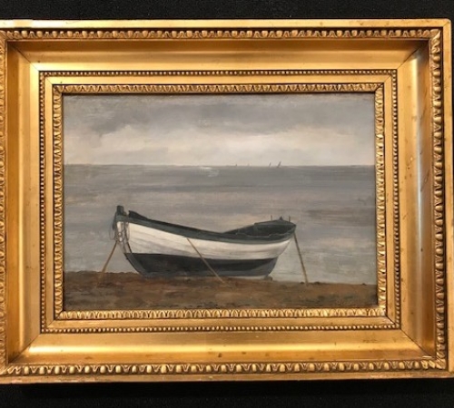 Emanuel Larsen, Båd på strand, str:21x32 cm - solgt/sold/verkauft