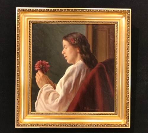 Sophus Vermehren - Interiør med ung kvinde med blomst - str:48x45 cm - solgt!