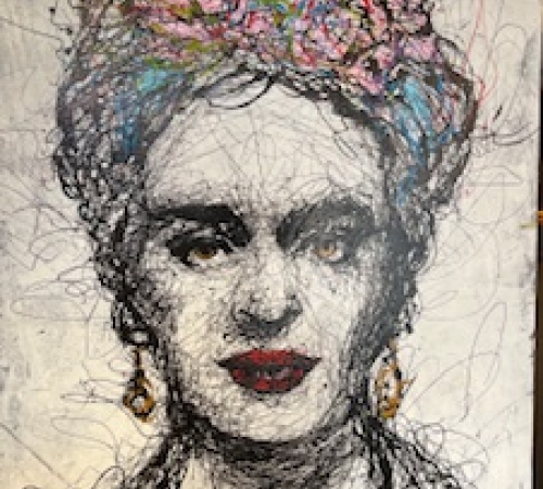 Ole Hedeager, 190x135cm - "Frida Kahlo" - drip painting - pris:29.800 kr