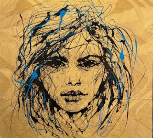 Ole Hedeager, 100x100cm - "Magic woman" -  drip painting - pris:13.000 kr