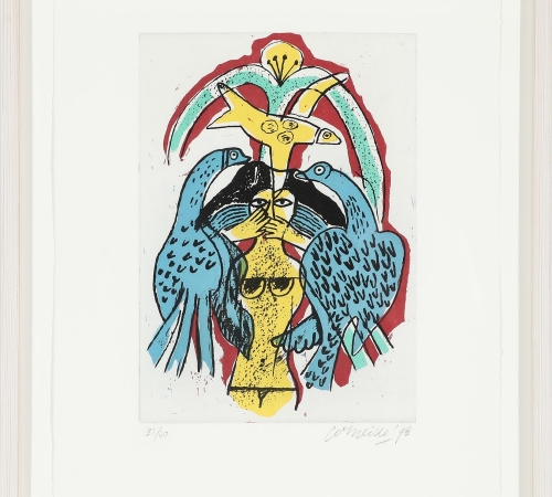 Corneille: Komposition fra “Femmes et oiseaux”. Sign. Corneille 98, 21/60. Radering i farver. Bladstørrelse 48 × 36 - Pris:3.800 kr