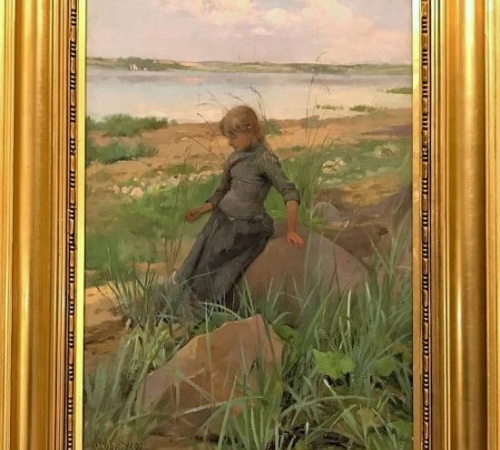 Jacob Nöbbe, Strandidyl fra Egernsund med ung pige 1891 - str:51x36 cm - solgt/sold/verkauft